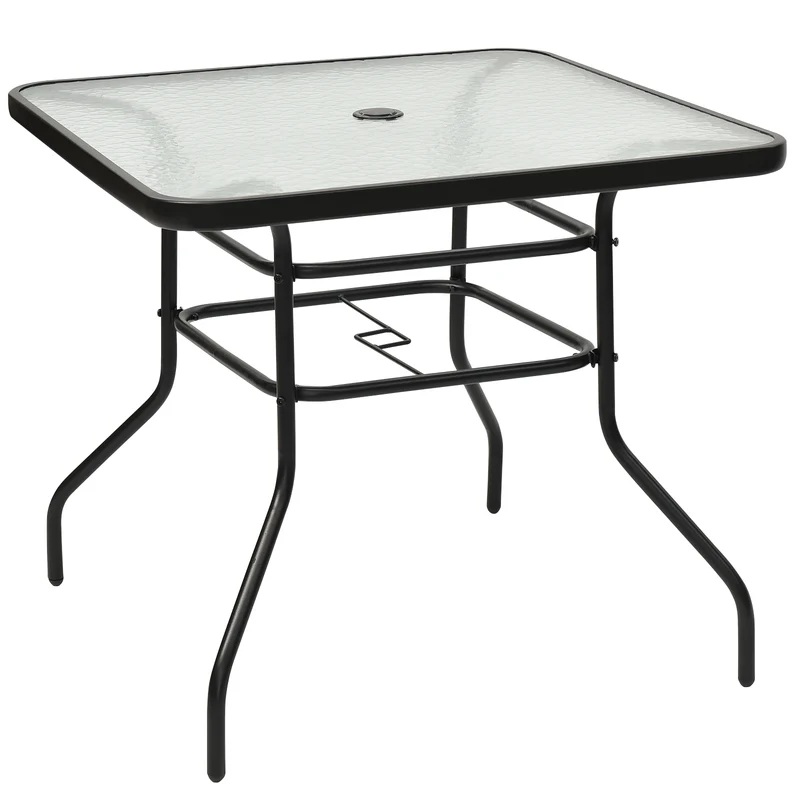 Table de jardin carrée en verre trempé 81 x 81 x 71 cm avec parasol pratique et design moderne en métal noir 20_0020830