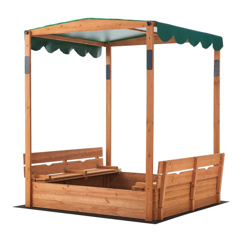 Bac à sable carré en bois avec bancs rabattables et toit réglable 145 x 118 x 118 cm 03_0006395