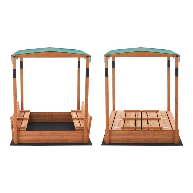 Bac à sable carré en bois avec bancs rabattables et toit réglable 145 x 118 x 118 cm 03_0006395