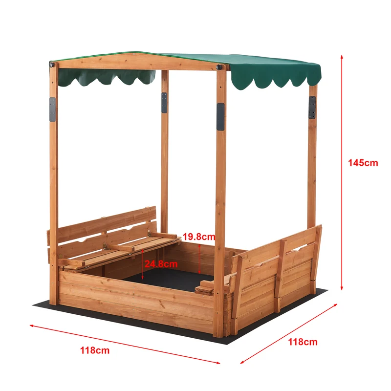 Bac à sable carré en bois avec bancs rabattables et toit réglable 145 x 118 x 118 cm 03_0006395