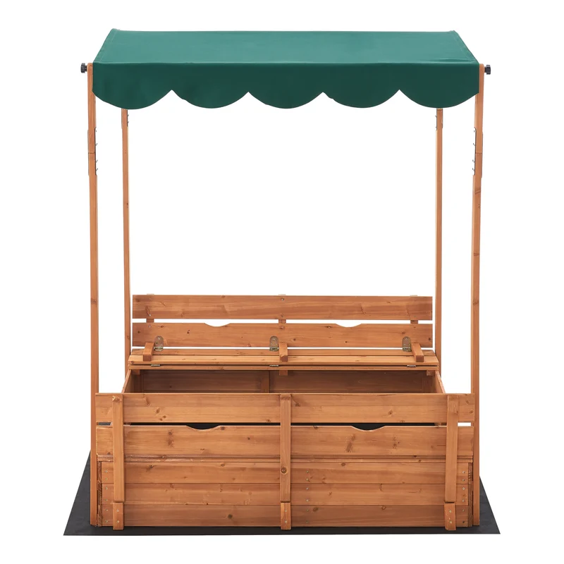 Bac à sable carré en bois avec bancs rabattables et toit réglable 145 x 118 x 118 cm 03_0006395