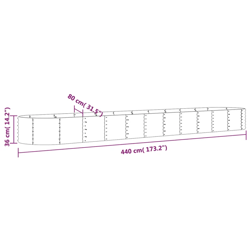 Lot de 1 lit surélevé de jardin ovale 440 x 80 x 36 cm robuste et résistant aux intempéries en acier galvanisé argenté 02_0046570