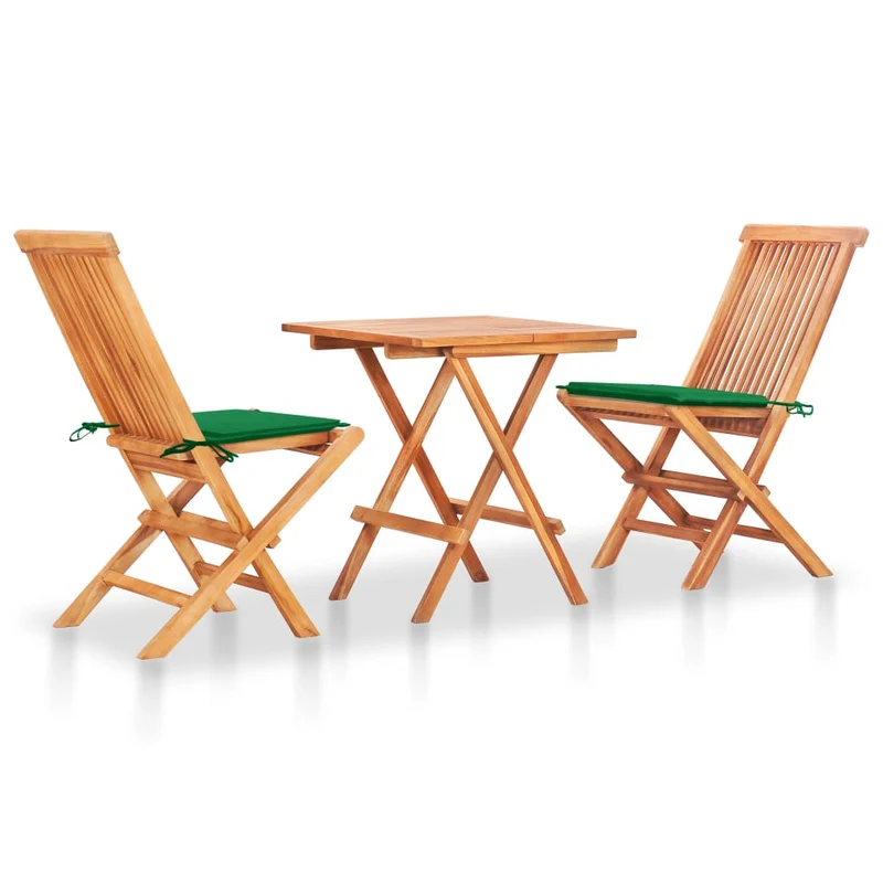 Ensemble de bistro jardin meuble extérieur terrasse 3 pièces avec coussins vert bois de teck massif 02_0013518