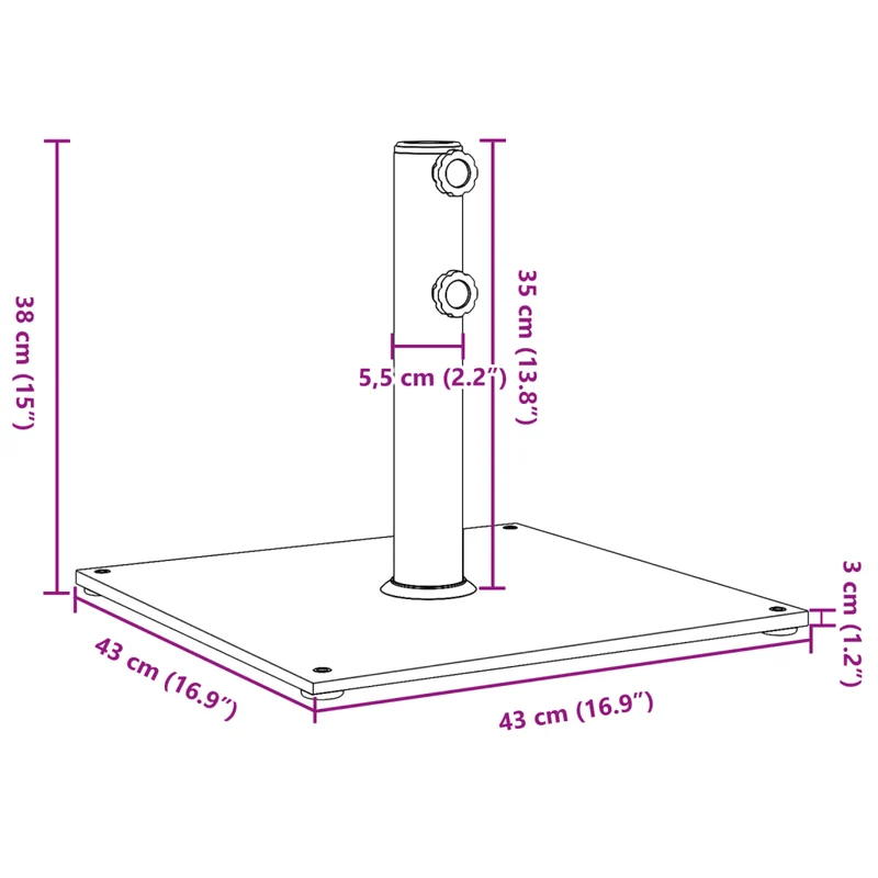 Base de parasol stabilisatrice carrée 43 x 43 x 38 cm avec adaptateurs 32 38 et 48 mm en acier noir 02_0047474