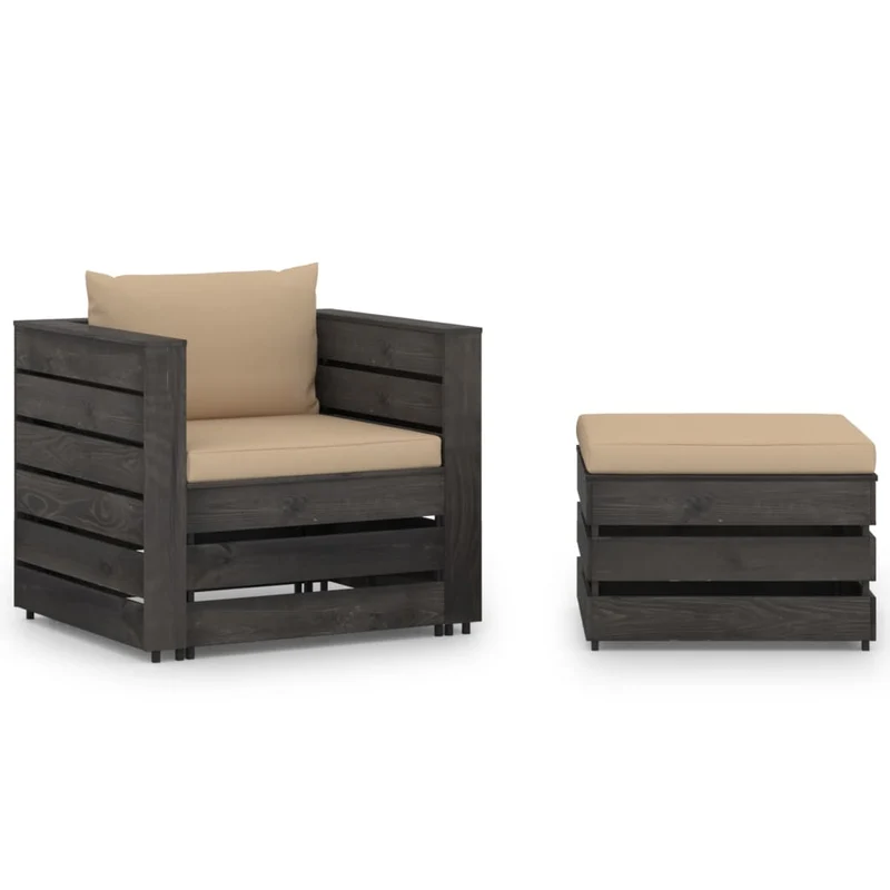 Salon de jardin meuble d'extérieur ensemble de mobilier 2 pièces avec coussins bois imprégné de gris 02_0015884