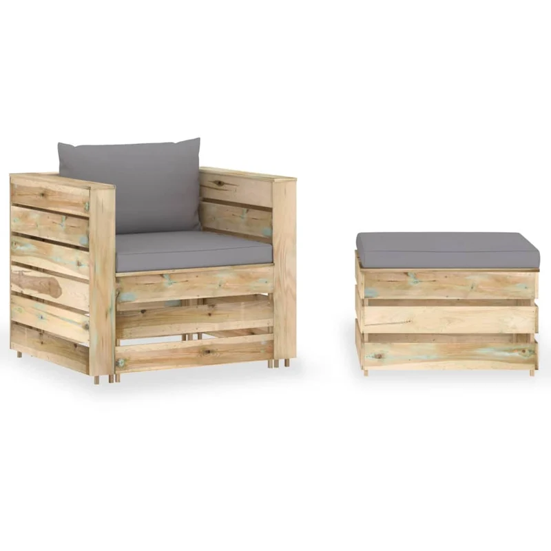 Salon de jardin meuble d'extérieur ensemble de mobilier 2 pièces avec coussins bois imprégné de vert 02_0015888