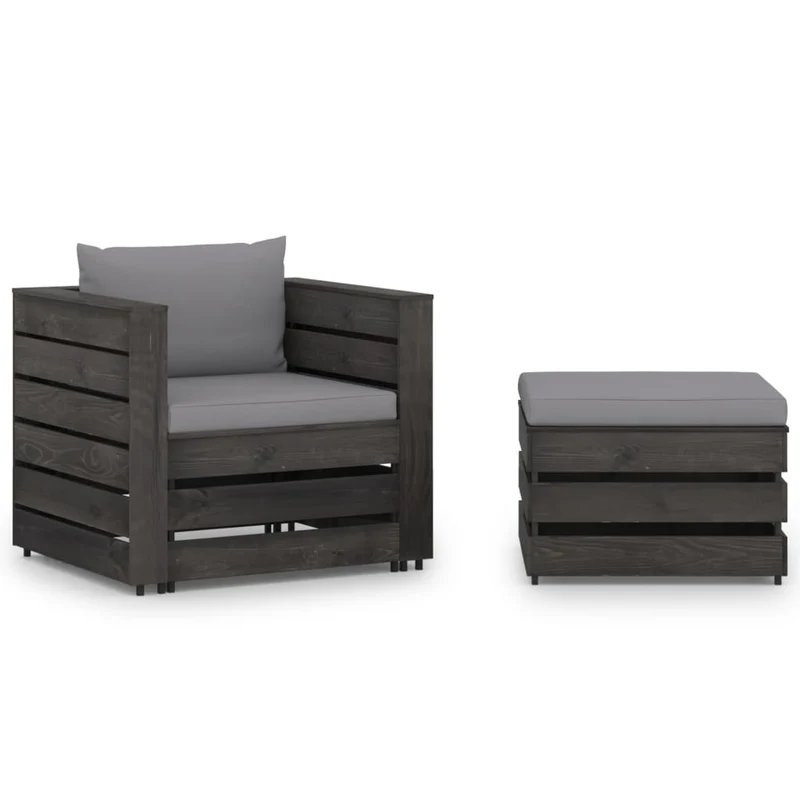 Salon de jardin meuble d'extérieur ensemble de mobilier 2 pièces avec coussins bois imprégné de gris 02_0015886