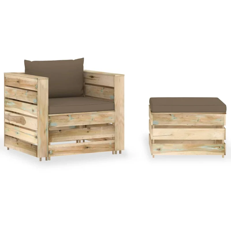 Salon de jardin meuble d'extérieur ensemble de mobilier 2 pièces avec coussins bois imprégné de vert 02_0015889