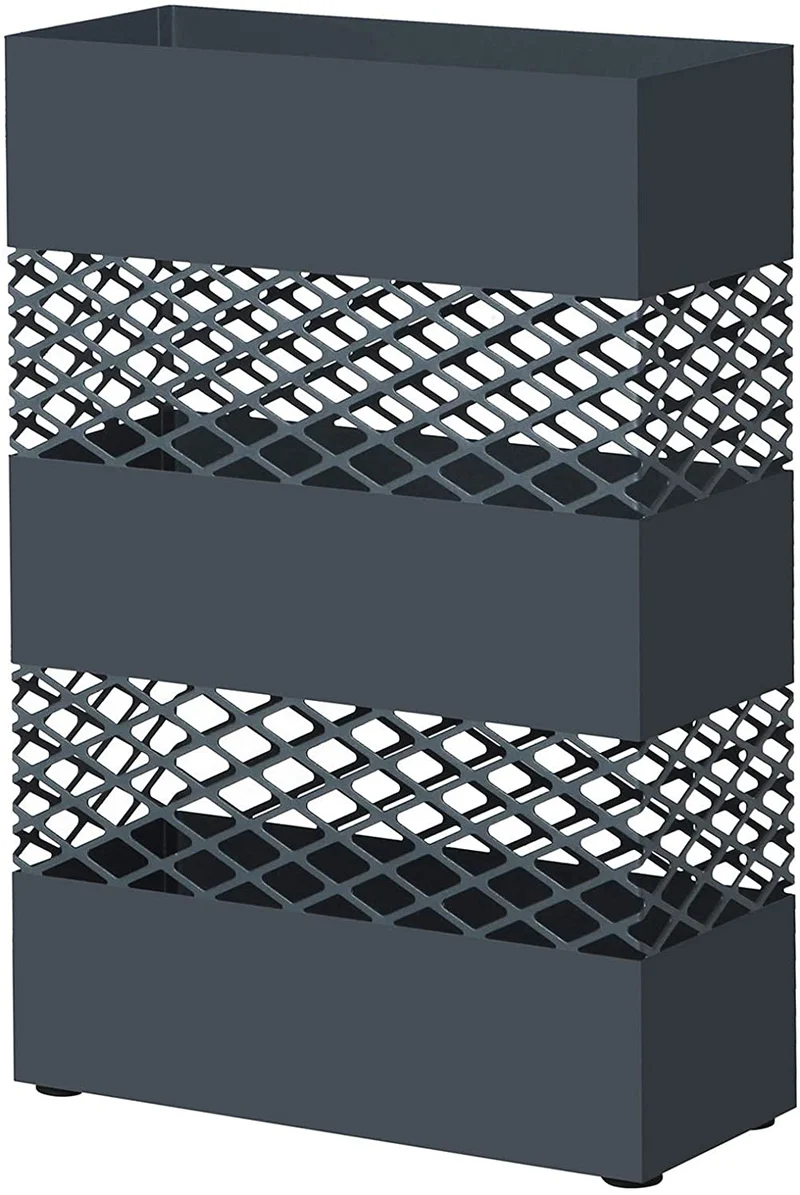 Porte-parapluies métallique support pour parapluies 28 x 12 x 41 cm rectangulaire avec réceptacle d’eau 4 crochets motifs ajourés gris anthracite 12_0000878