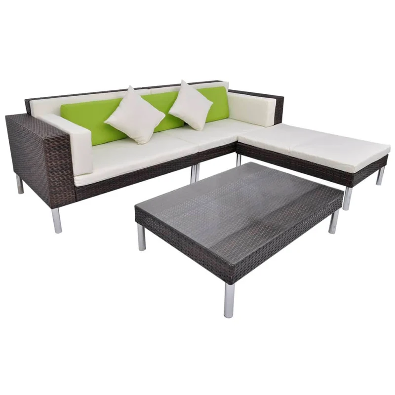 Salon de jardin meuble d'extérieur ensemble de mobilier 4 pièces avec coussins résine tressée marron 02_0016194