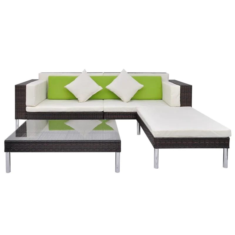 Salon de jardin meuble d'extérieur ensemble de mobilier 4 pièces avec coussins résine tressée marron 02_0016194