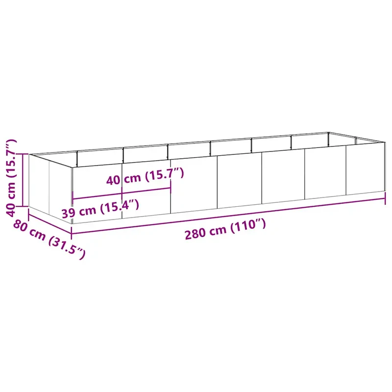 Jardinière rectangulaire fond ouvert moderne jardin terrasse 280 x 80 x 40 cm en acier vert olive 02_0051545