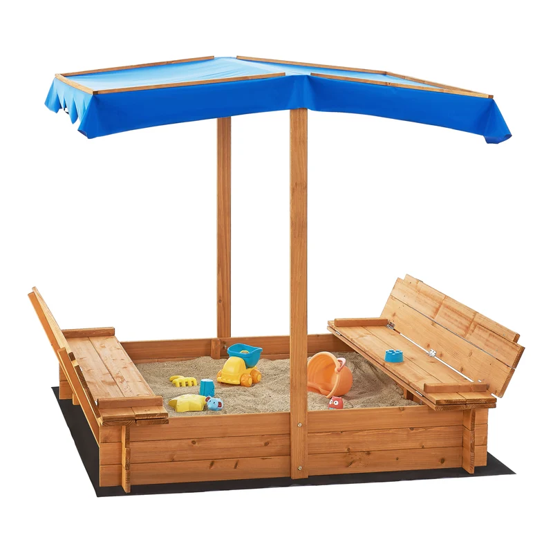 Bac à sable carré en bois avec bancs rabattables et toit 120 x 120 x 120 cm 03_0006394