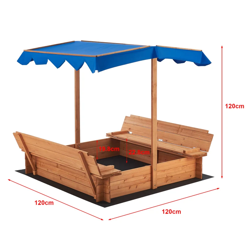 Bac à sable carré en bois avec bancs rabattables et toit 120 x 120 x 120 cm 03_0006394