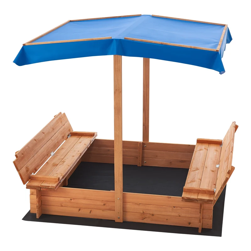 Bac à sable carré en bois avec bancs rabattables et toit 120 x 120 x 120 cm 03_0006394