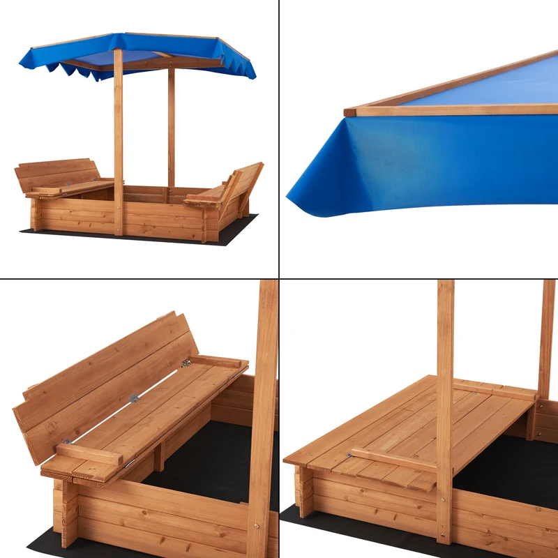 Bac à sable carré en bois avec bancs rabattables et toit 120 x 120 x 120 cm 03_0006394