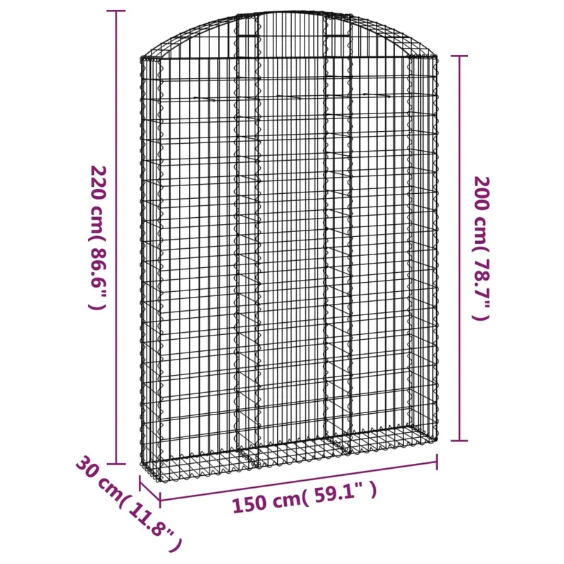 Panier de gabions clôture cage mur de soutènement arqué 150 x 30 x 200/220 cm fer galvanisé Argent 02_0039975