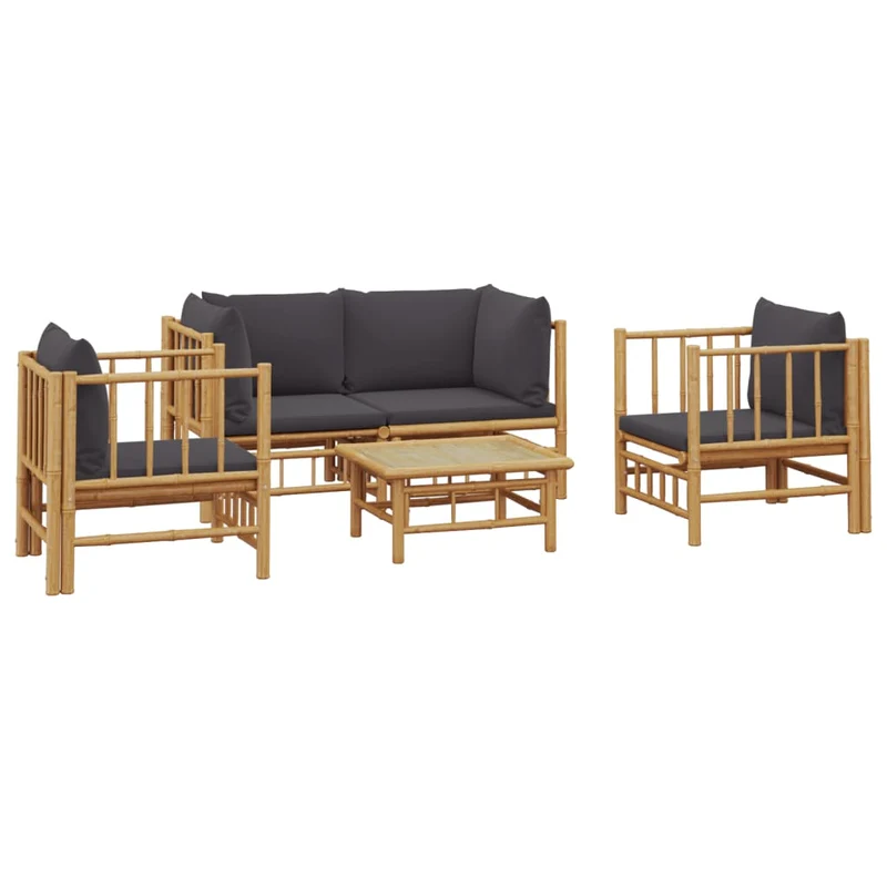 Salon de jardin meuble d'extérieur ensemble de mobilier 5 pièces avec coussins gris foncé bambou 02_0016390