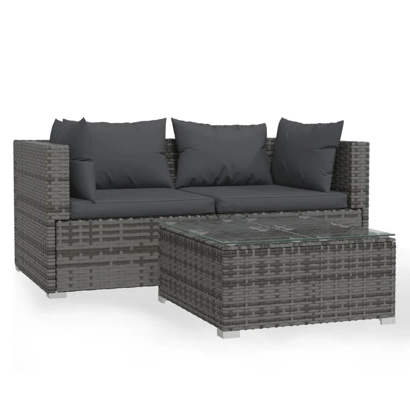 Salon de jardin meuble d'extérieur ensemble de mobilier 3 pièces avec coussins gris résine tressée 02_0015976