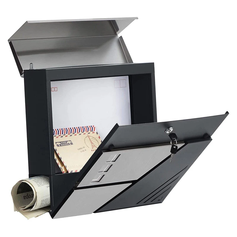 Boîte aux lettres murale avec fenêtres de visualisation en acier inoxydable pour portail porte d'entrée avec serrure et clés argent et gris anthracite 12_0001888