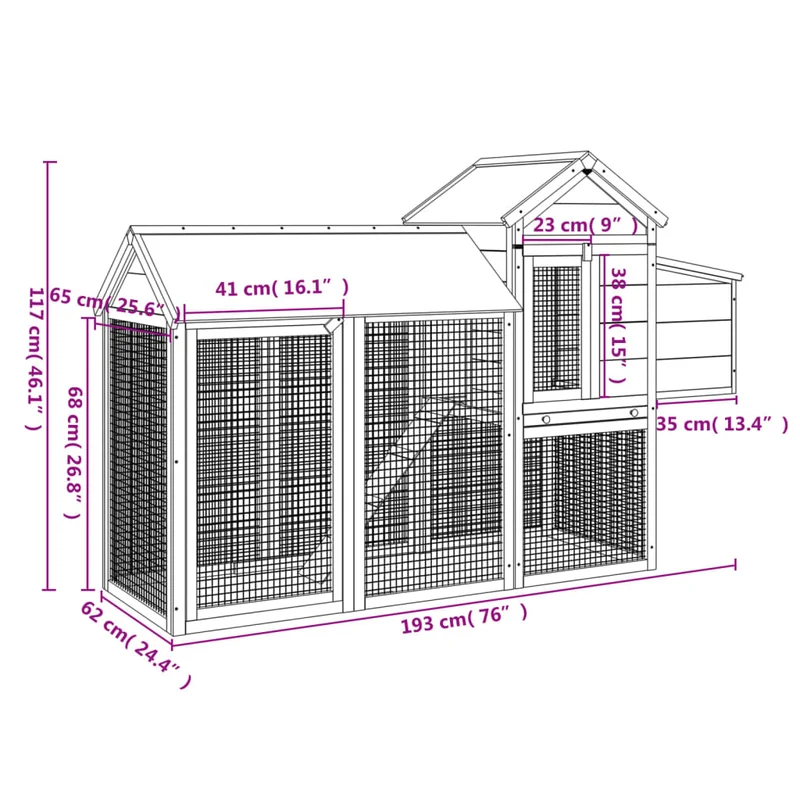 Poulailler enclos cage poules moka 193 x 65 x 117 cm bois massif de pin marron 02_0044020