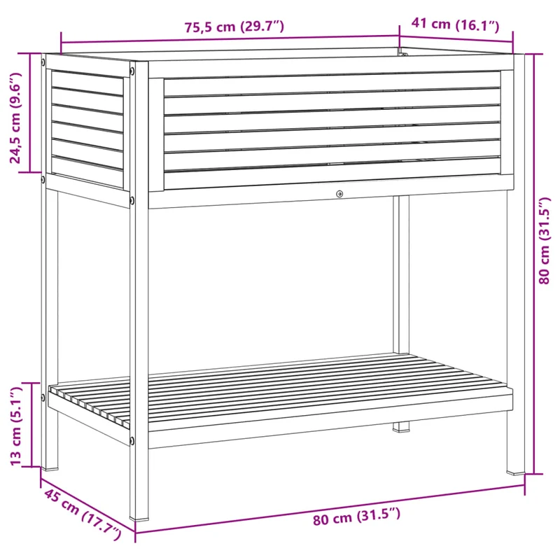Jardinière bac lit surélevé plantes fleurs terrasse jardin et étagère 80 x 45 x 80 cm bois massif d'acacia et acier marron 02_0038619