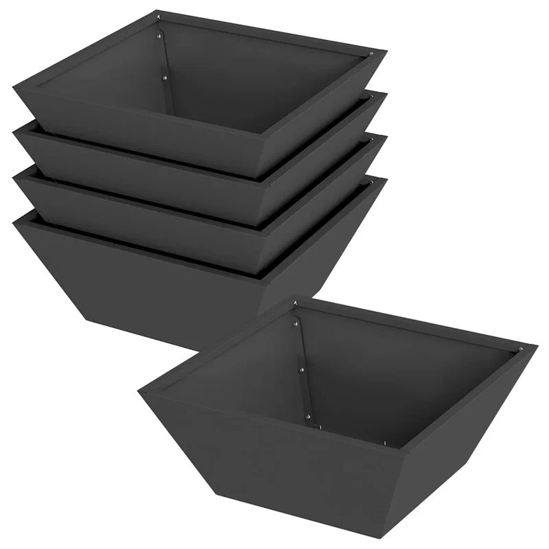 Lot de 5 cache-pots trapézoïdaux modernes 40 x 40 x 15 cm pour jardin terrasse en acier noir 02_0052369