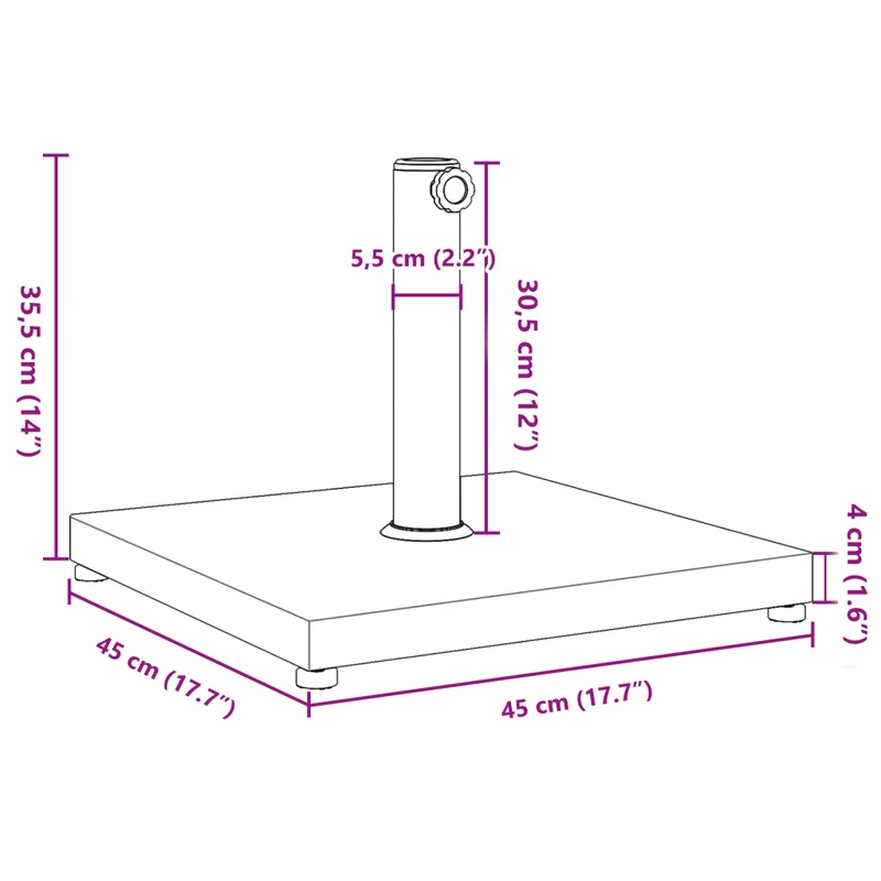 Base de parasol carré 45 x 45 x 35,5 cm avec adaptateurs 32/38/48 mm en acier noir 02_0047473