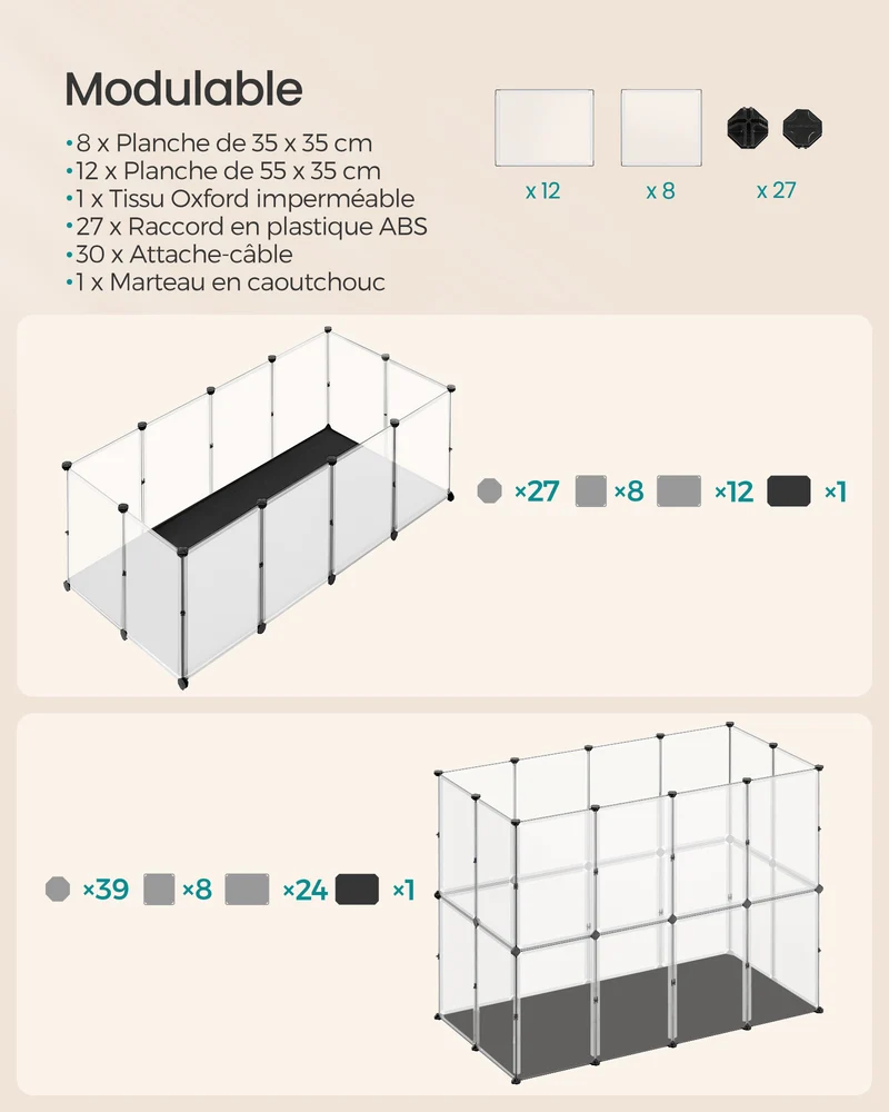 Enclos pour animaux avec plancher et tapis imperméable et amovible parc pour petits animaux pour hamsters lapin hérisson cochon d’inde 125 x 63 x 42 cm blanc 12_0005402
