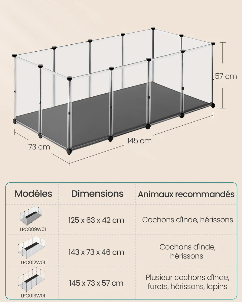 Enclos pour animaux avec plancher et tapis imperméable et amovible parc pour petits animaux pour hamsters lapin hérisson cochon d’inde 125 x 63 x 42 cm blanc 12_0005402