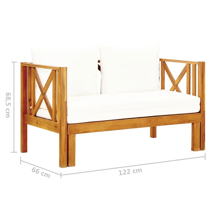 Banc de jardin meuble de patio d'extérieur terrasse 2 places et coussins 122 x 66 x 68,5 cm bois d'acacia massif 02_0011292