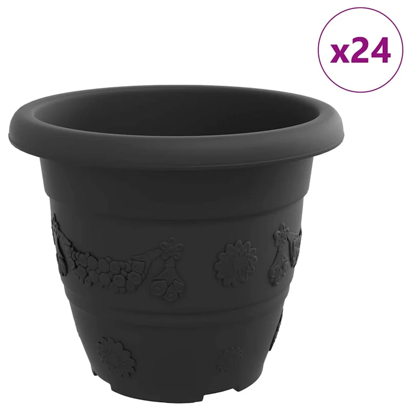 Lot de 24 pots à fleurs ronds modernes intérieur extérieur 26 x 21,5 cm en plastique noir 02_0059332