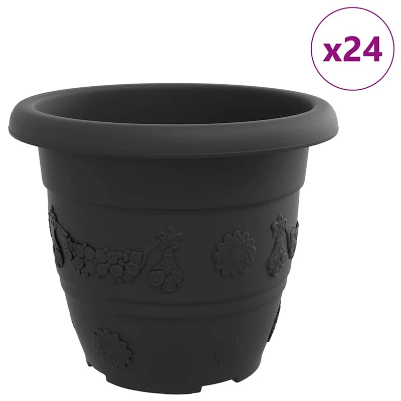 Lot de 24 pots de fleurs ronds 30 x 30 x 25 cm légers avec trous de drainage design moderne en plastique noir 02_0059334