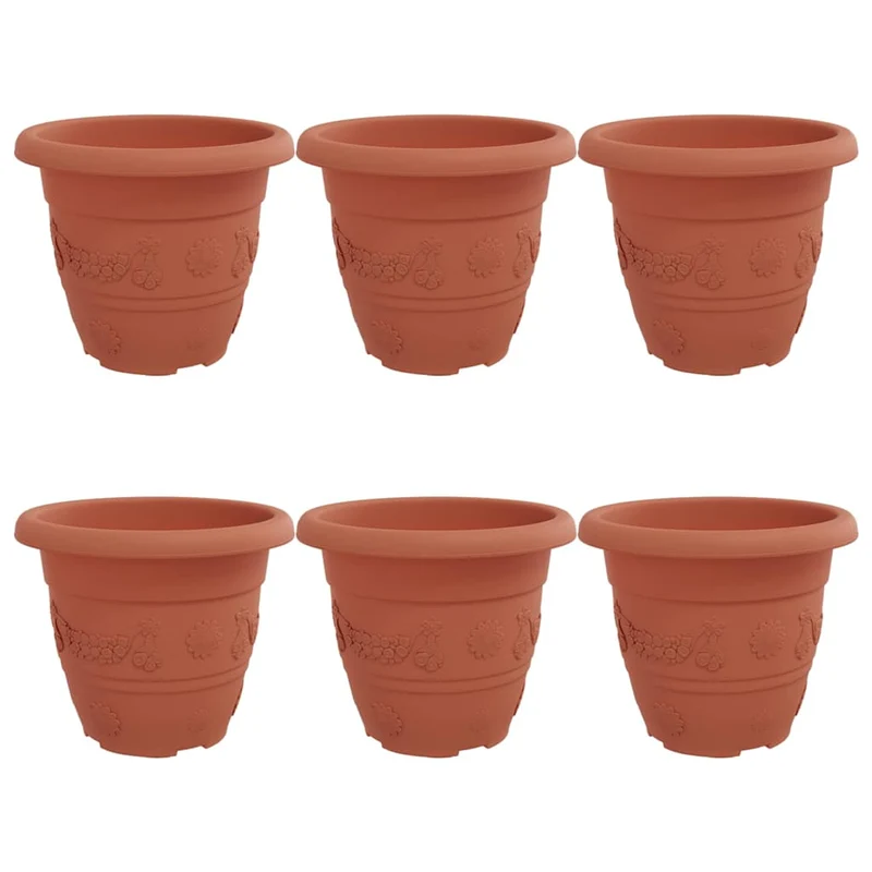 Lot de 6 pots à fleurs ronds modernes 26 x 21,5 cm léger multifonction intérieur extérieur en plastique rouge brique 02_0059323