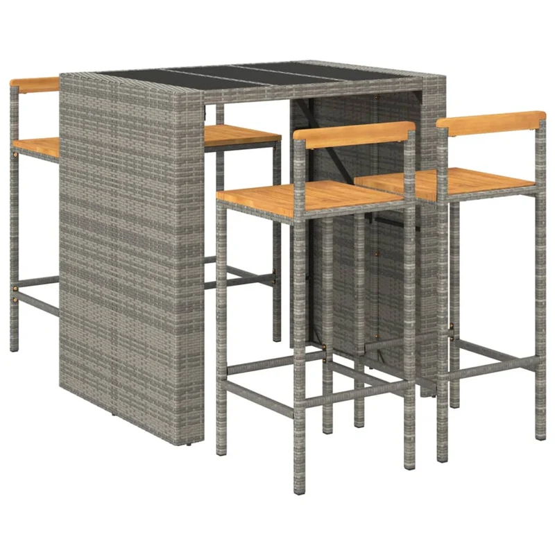 Ensemble de bar de jardin meuble extérieur terrasse 5 pièces gris poly rotin/bois massif acacia 02_0013479