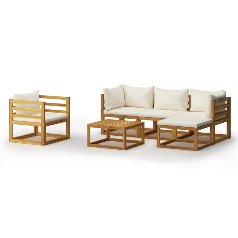 Salon de jardin meuble d'extérieur ensemble de mobilier 6 pièces avec coussin crème bois d'acacia solide 02_0016623