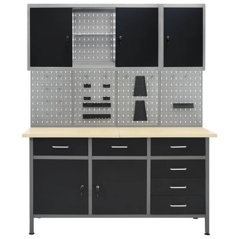 Etabli et 4 panneaux muraux et 2 armoires table de travail poste de travail rangement stockage d'outils etabli d'atelier garage 02_0003670
