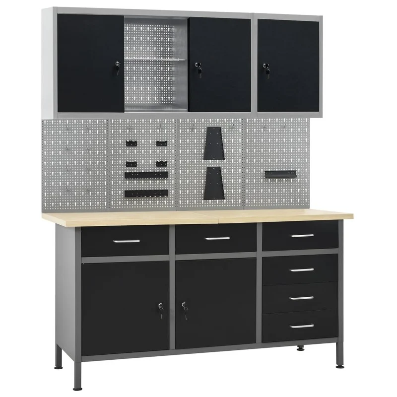 Etabli et 4 panneaux muraux et 2 armoires table de travail poste de travail rangement stockage d'outils etabli d'atelier garage 02_0003670