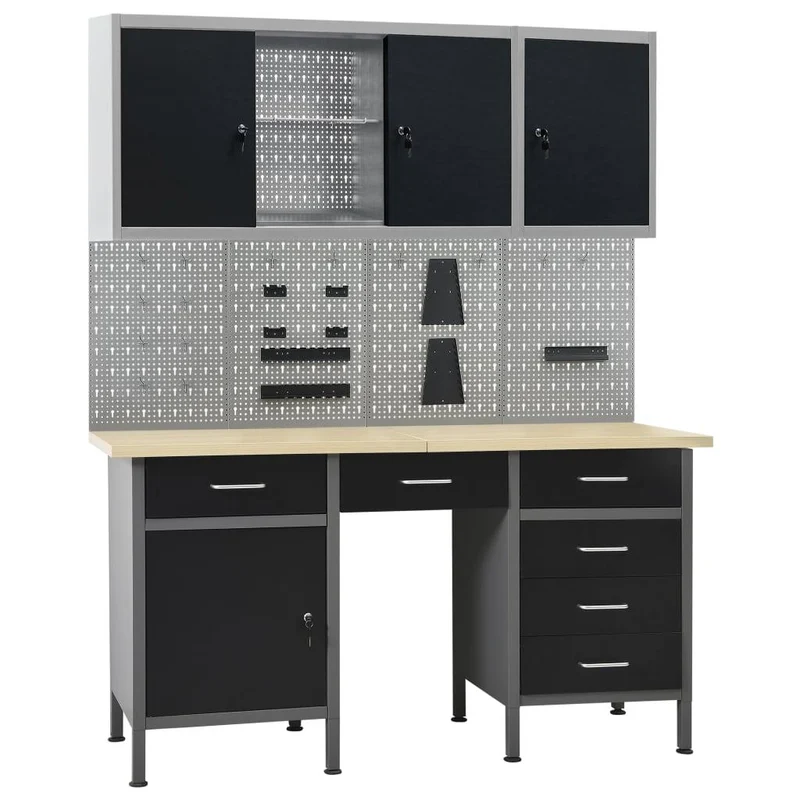 Etabli et 4 panneaux muraux et 2 armoires table de travail poste de travail stockage rangement d'outils etabli d'atelier garage 02_0003669