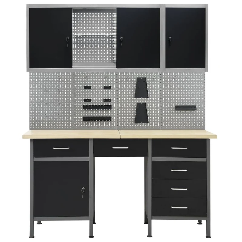 Etabli et 4 panneaux muraux et 2 armoires table de travail poste de travail stockage rangement d'outils etabli d'atelier garage 02_0003669