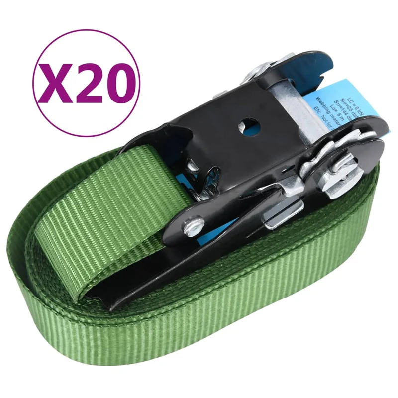 Lot de 20 sangles d’arrimage à cliquet transport stockage sangles de remorque sangles de serrage fixation moto voiture 800 da n 6 m vert 02_0003547
