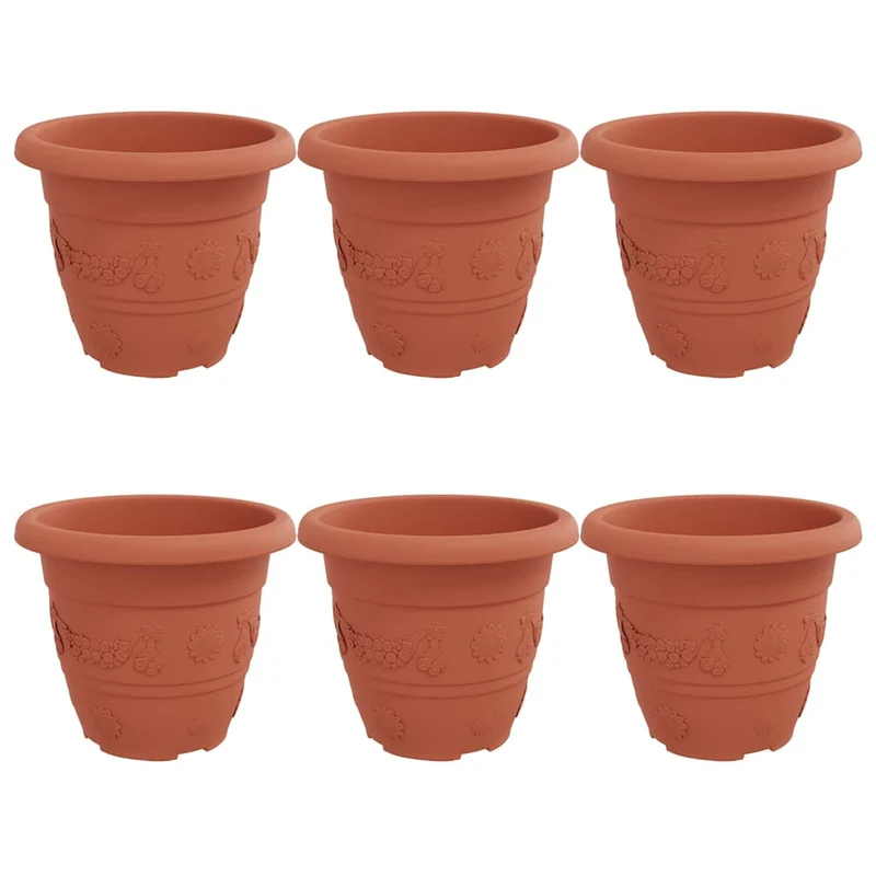 Lot de 6 pots à fleurs ronds légers modernes polyvalents 26 x 26 x 21,5 cm en plastique rouge brique 02_0059324