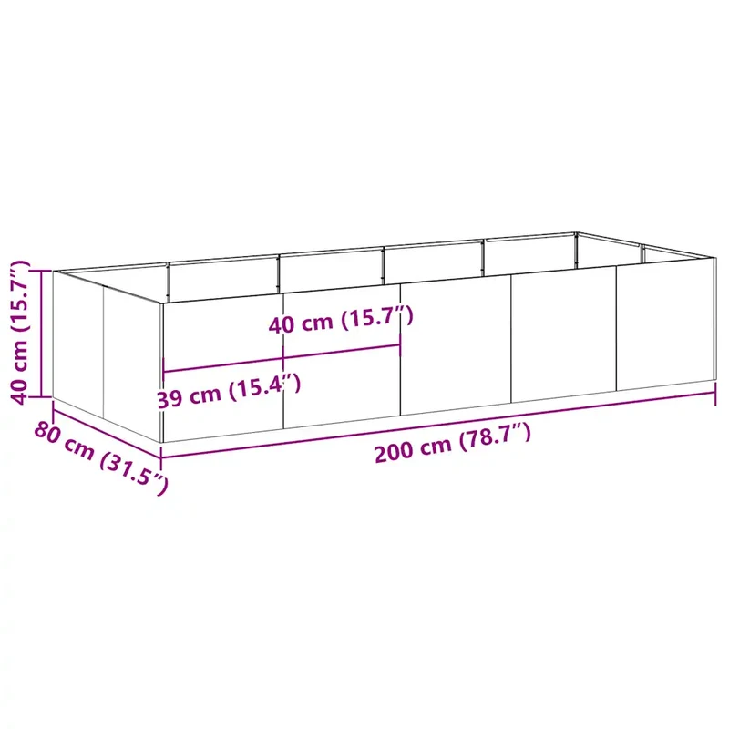 Jardinière rectangulaire moderne pour jardin balcon 200 x 80 x 40 cm avec fond ouvert en acier vert olive 02_0051538
