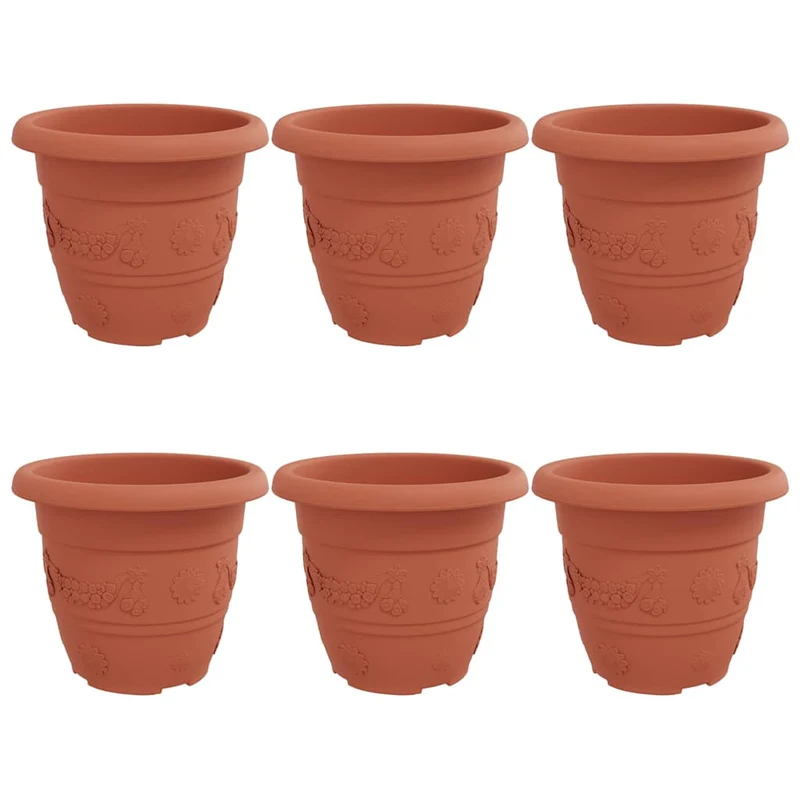 Lot de 6 pots à fleurs ronds modernes légers intérieur extérieur 30 x 30 x 25 cm en plastique rouge brique 02_0059325