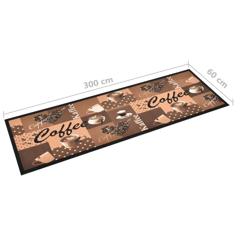 Tapis rectangulaire lavable antidérapant cuisine couloir 300 x 60 cm en polyamide marron café 02_0046533