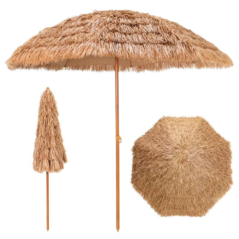Parasol de plage 243 x 243 x 222 cm protection solaire double style tropical ambiance cosy en paille pp naturel 20_0020860