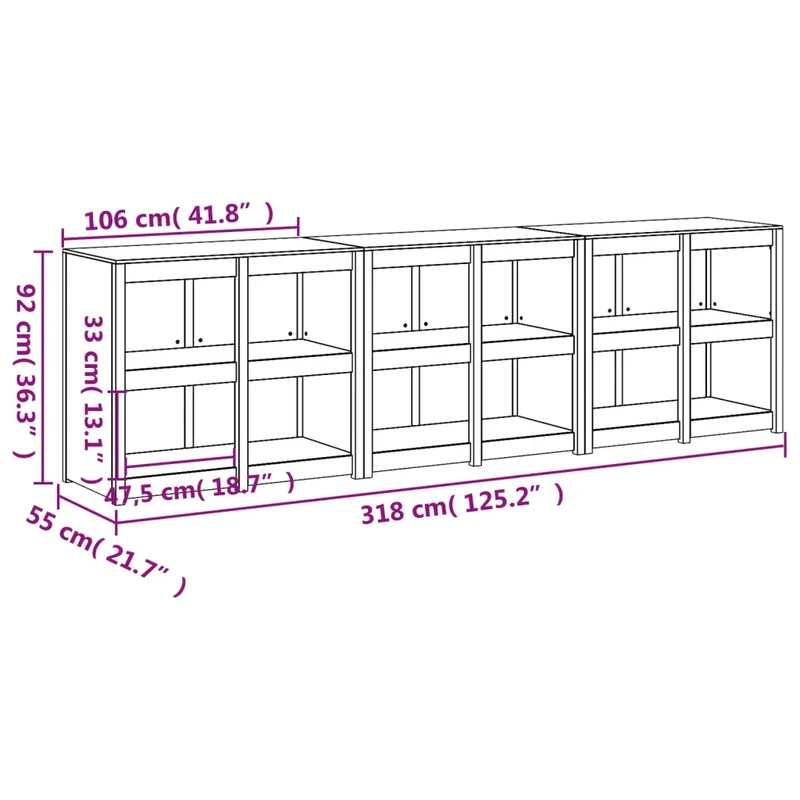 Lot de 3 armoires de cuisine extérieure design rustique 106 x 55 x 92 cm en bois de pin massif 02_0055383
