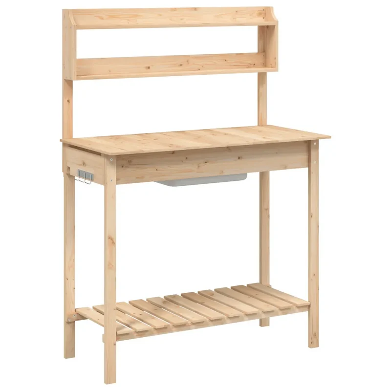 Table de rempotage avec évier mobile jardin 147,5 x 44 x 139,5 cm espace de rangement robuste en bois massif sapin 02_0046207