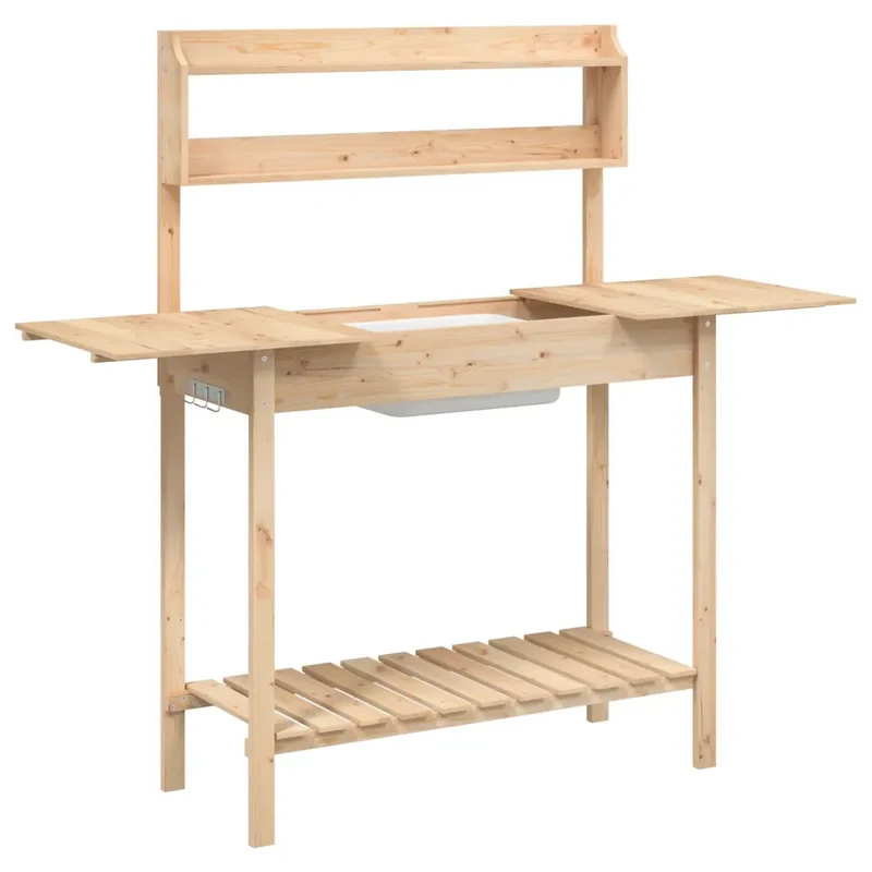 Table de rempotage avec évier mobile jardin 147,5 x 44 x 139,5 cm espace de rangement robuste en bois massif sapin 02_0046207