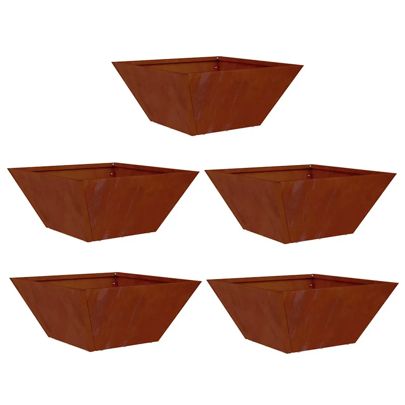 Lot de 5 cache-pots de jardin trapézoïdaux modernes 35 x 35 x 15 cm en métal rouillé 02_0052367